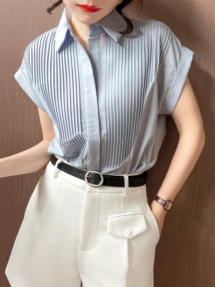 アコーディオンプリーツ 半袖 ブラウス シャツ ドロップショルダー トップス