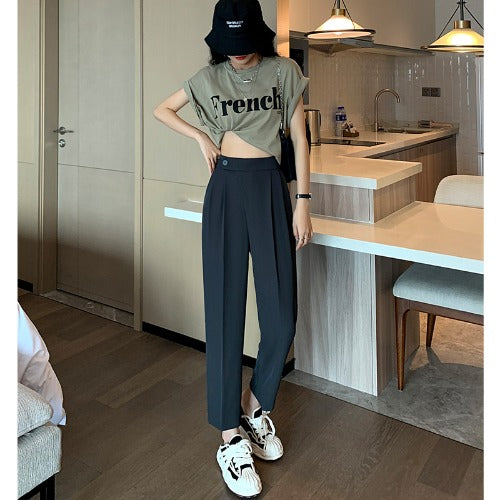 夏用スーツパンツ ハイウエスト イレギュラーフロントウエストデザイン