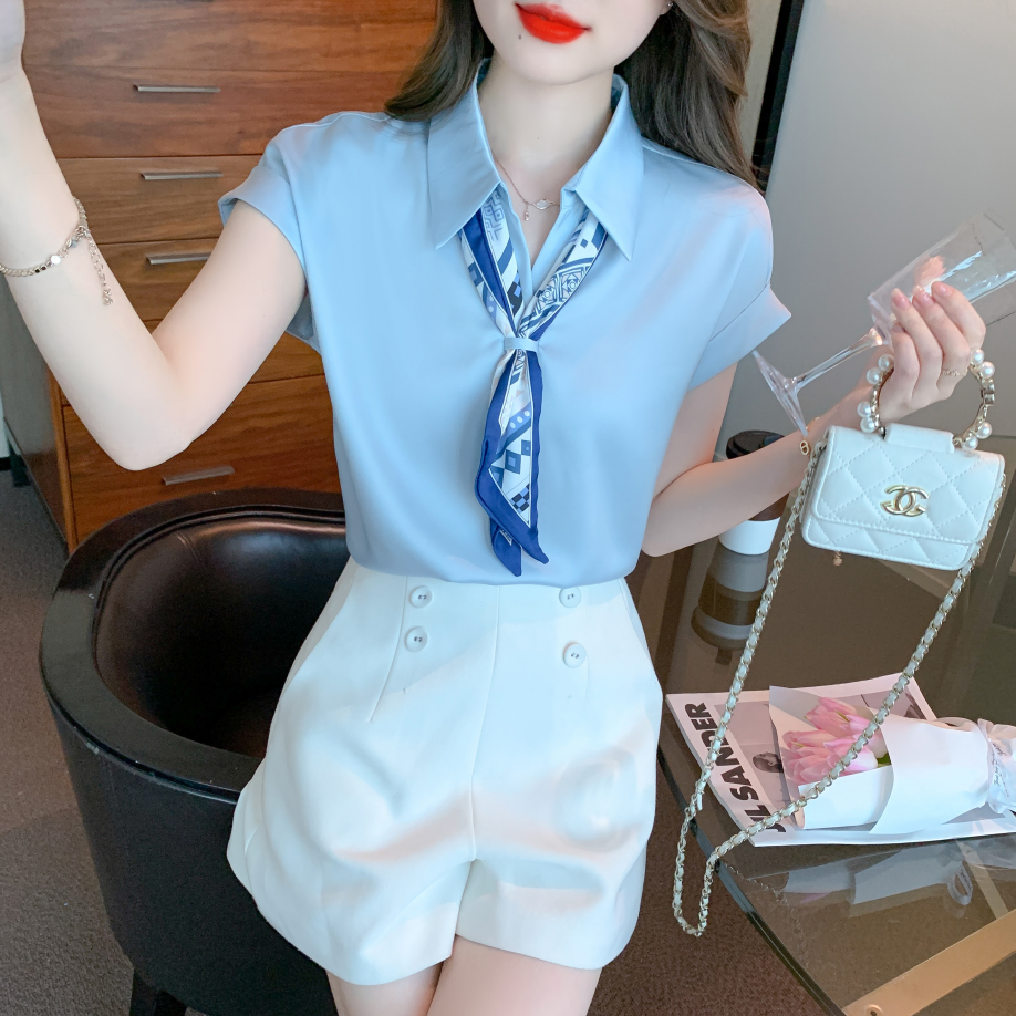 スカーフ付き 半袖 ブラウス シフォンシャツ トップス