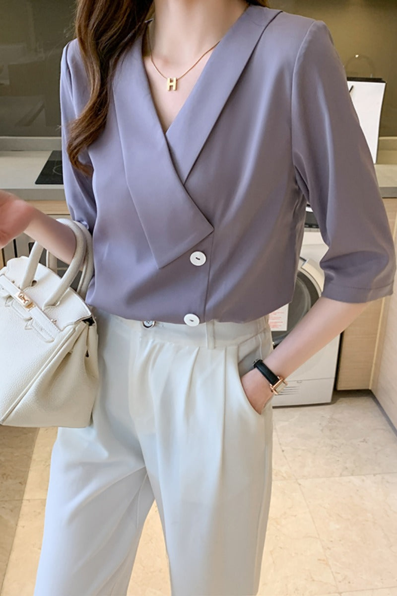 5分袖 カシュクール ブラウス シフォンシャツ トップス