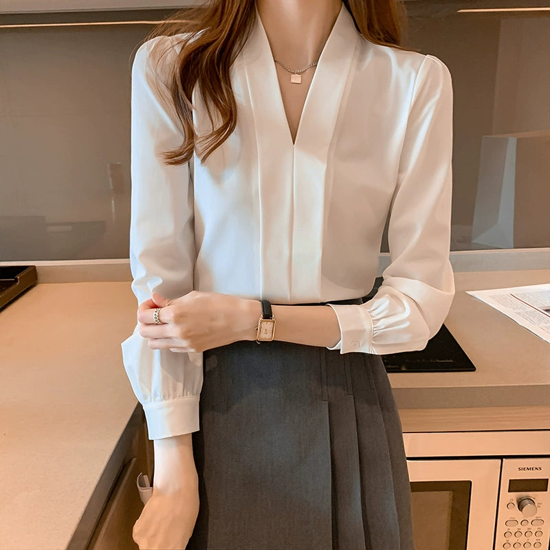 Vネック 長袖 ブラウス スリムフィット シフォンシャツ トップス 通勤 00224