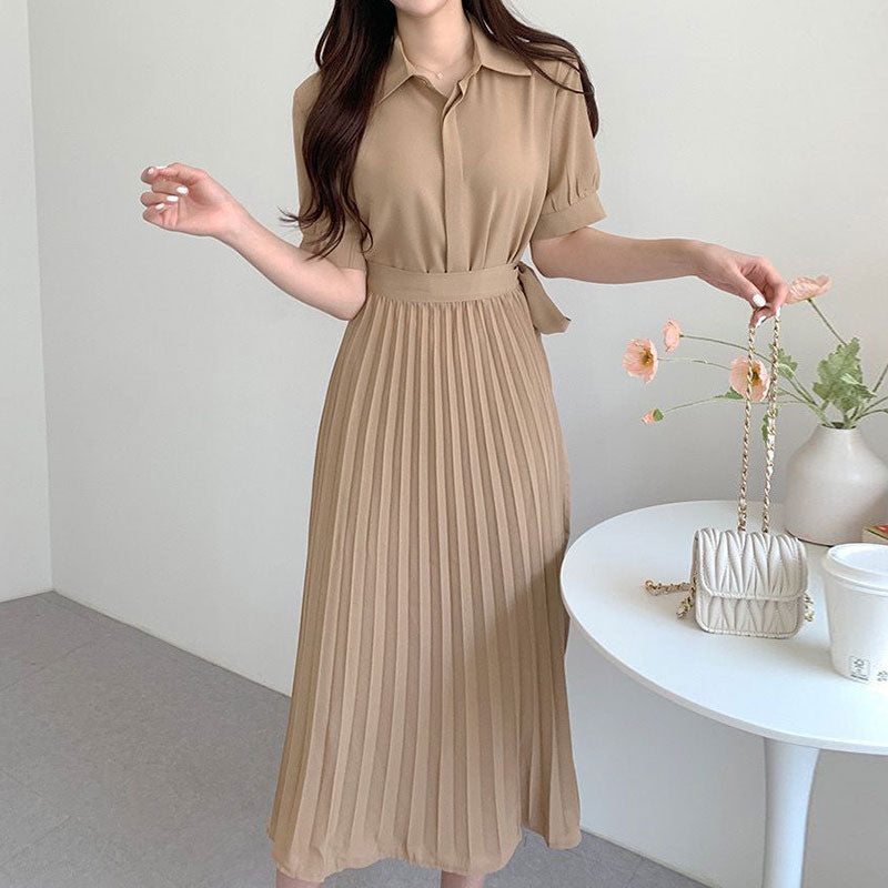 半袖 プリーツ ワンピース パフスリーブ ウエストマーク