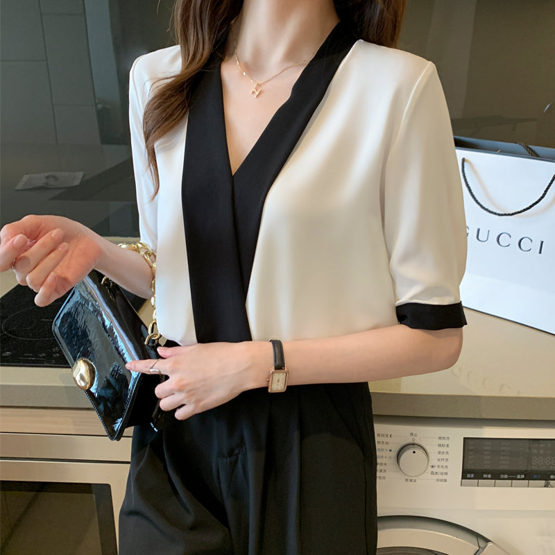 バイカラー Vネック 半袖 ブラウス シフォン シャツ トップス