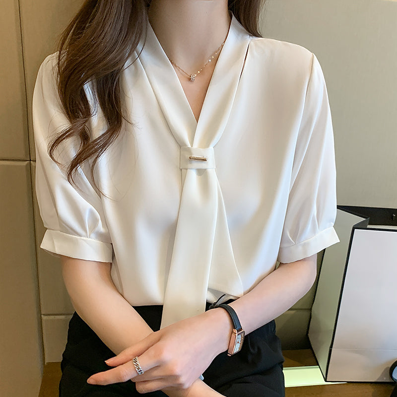 半袖 ボウタイ ブラウス シフォンシャツ 通勤 トップス