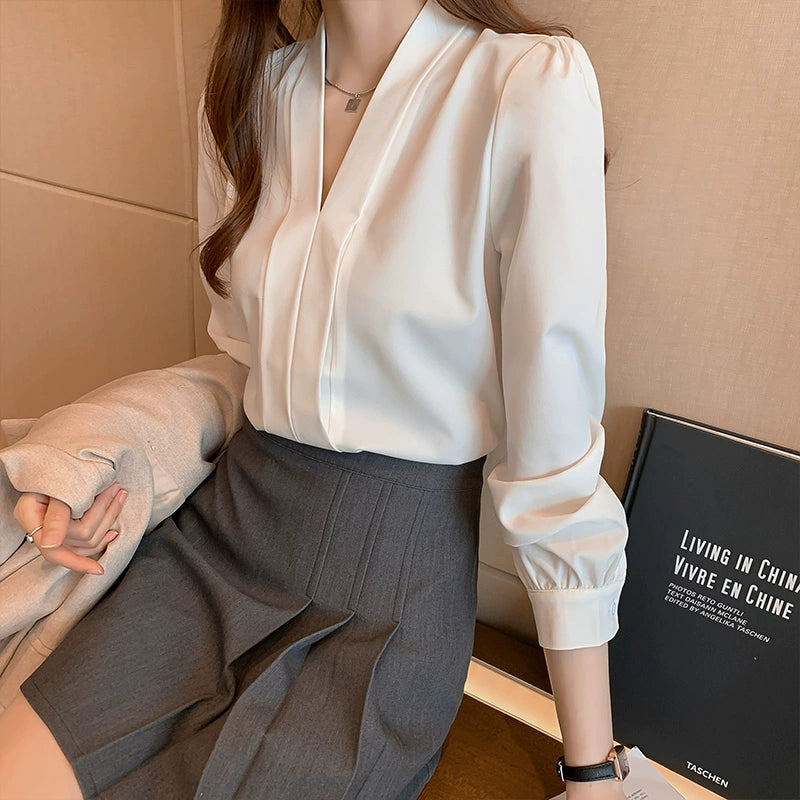 Vネック 長袖 ブラウス スリムフィット シフォンシャツ トップス 通勤 00224