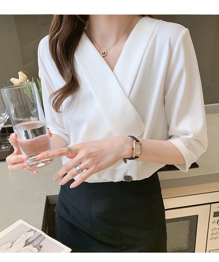 5分袖 カシュクール ブラウス シフォンシャツ トップス